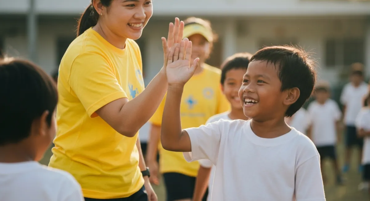 Filipino volunteer high-fiving a child during a sports event