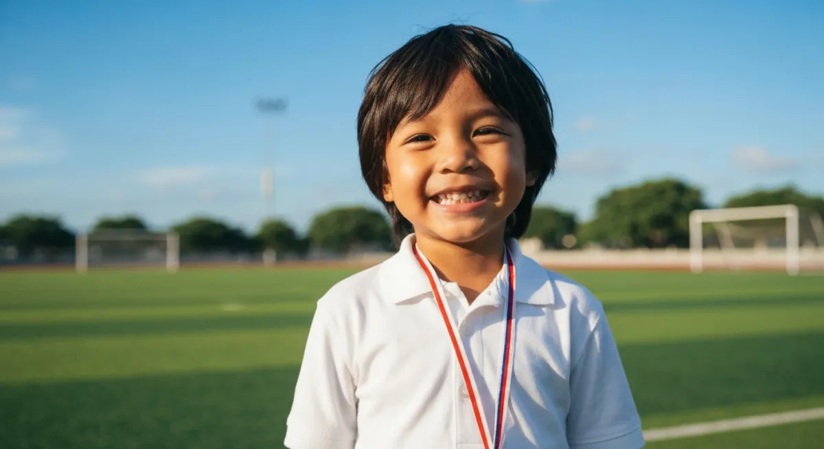 Filipino child smiling proudly with a medal