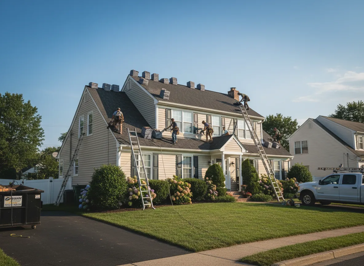 Roofing crew working on a residential roof in New Milford, New Jersey