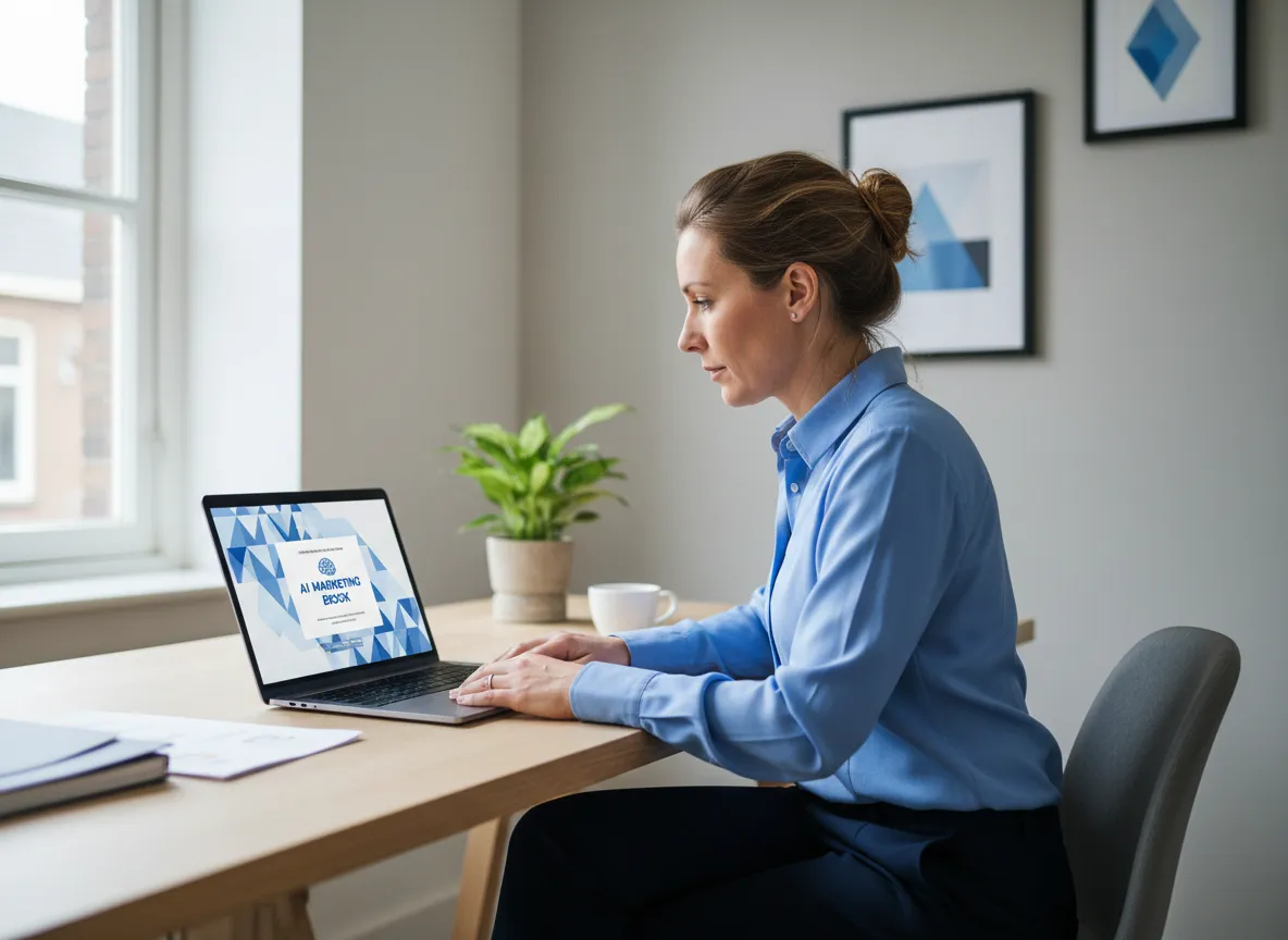MKB-ondernemer die een AI marketing eBook bekijkt op laptop