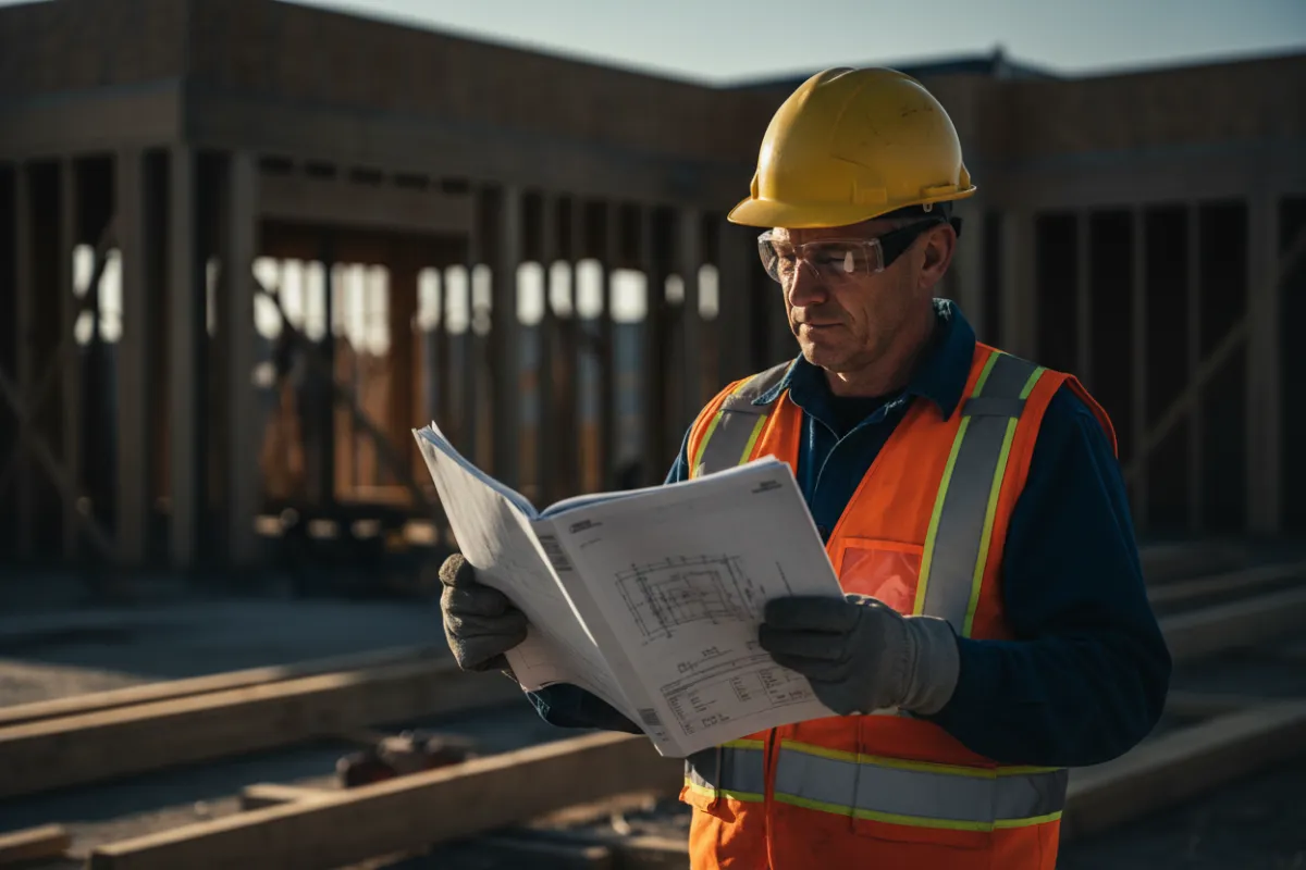 Contractor wearing safety gear inspecting a jobsite manual