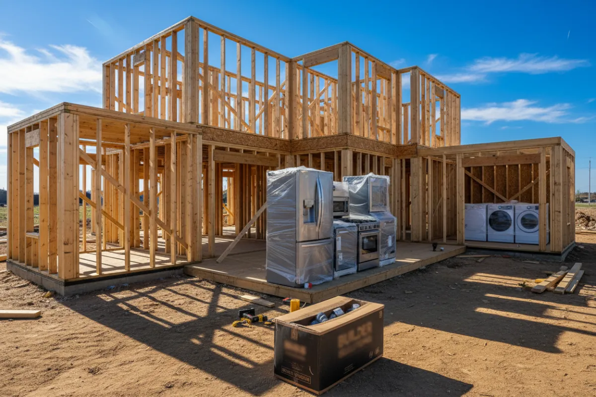 Residential construction site with framing and appliances