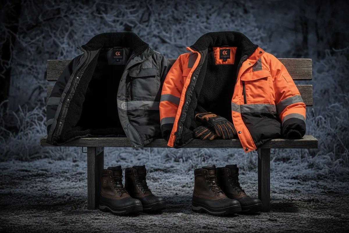 Winter workwear including jackets, gloves, and boots laid out on a bench.