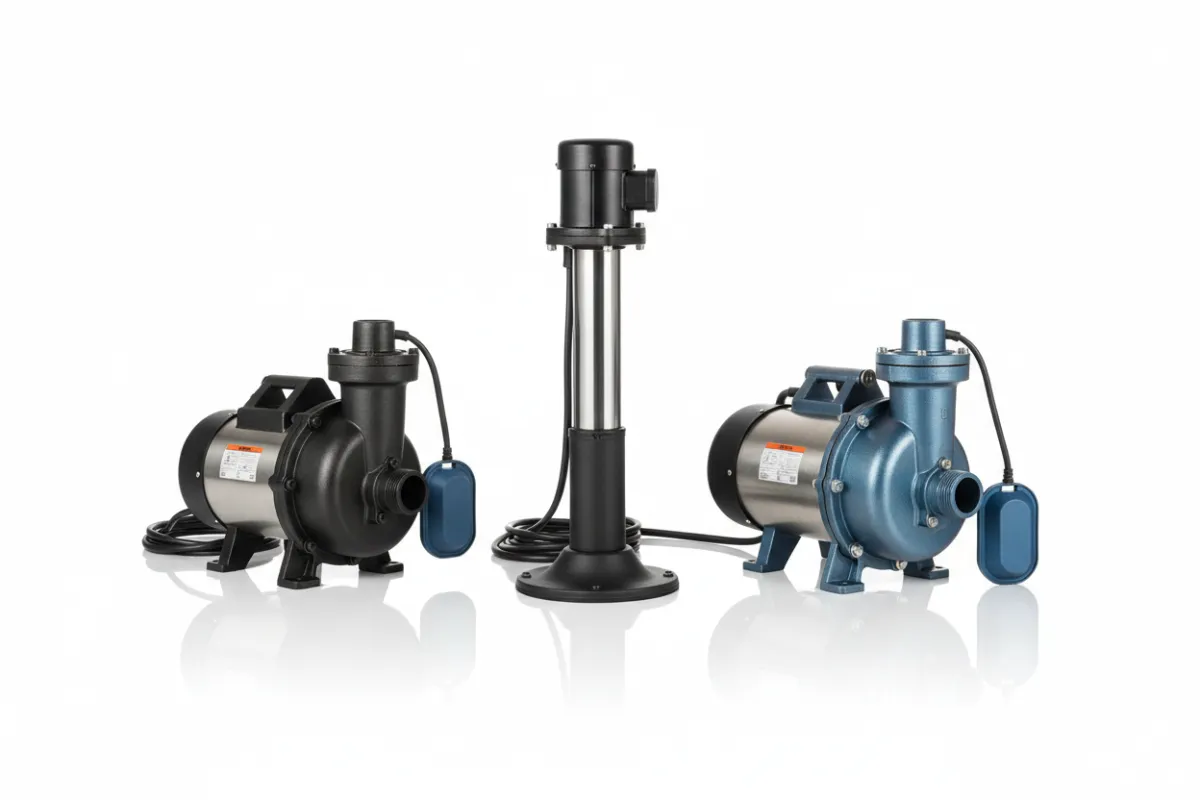 Three sump pump models on white background illustrating inventory selection.