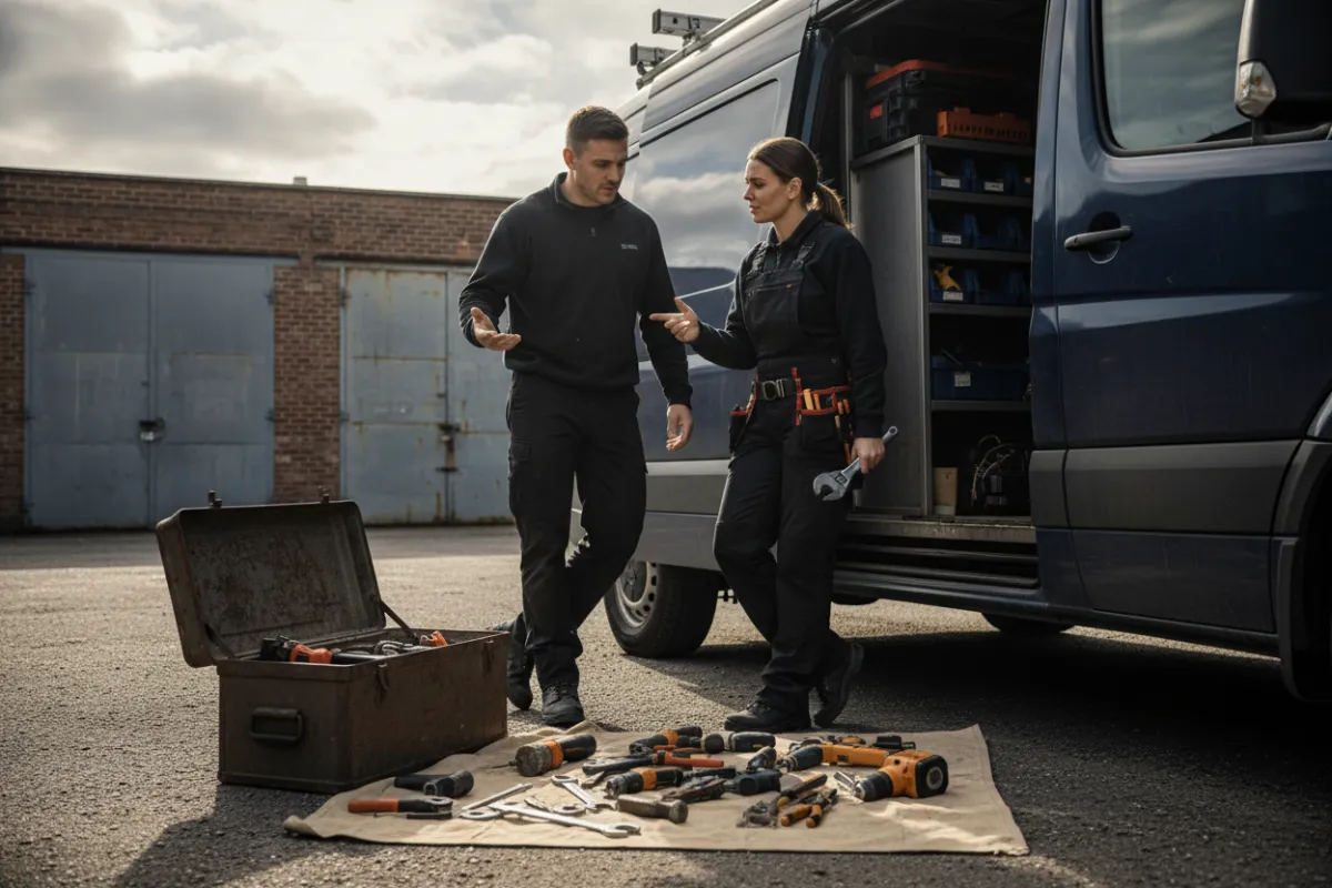 Two tradespeople discussing tool choices by a service van