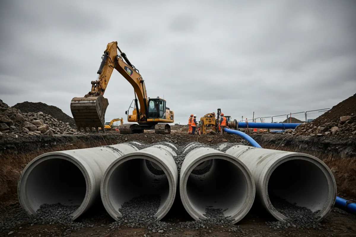 Stormwater infrastructure with pipes and trenching equipment
