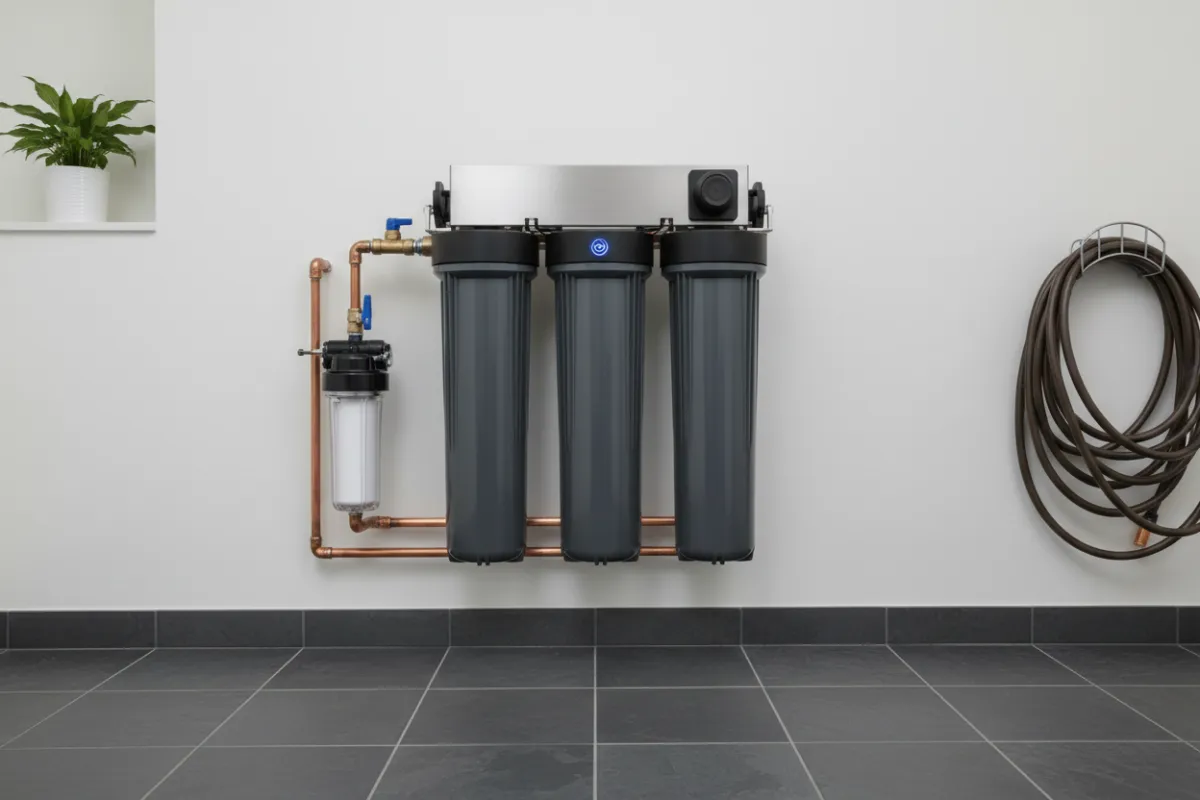 Whole-house water filtration unit in a clean utility room.