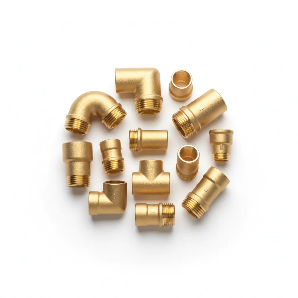 Selection of brass pipe fittings on white background