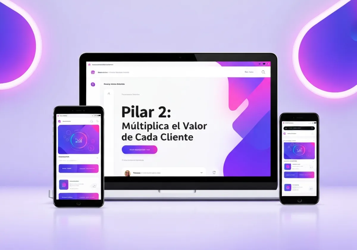 Mockup digital — Pilar 2: Multiplica el Valor de Cada Cliente (bundle laptop/tablet/móvil)