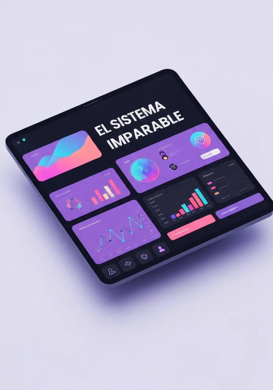 Mockup digital vibrante que ilustra “EL SISTEMA IMPARABLE”: automatización, dashboards y crecimiento, estilo oscuro premium de alto contraste.