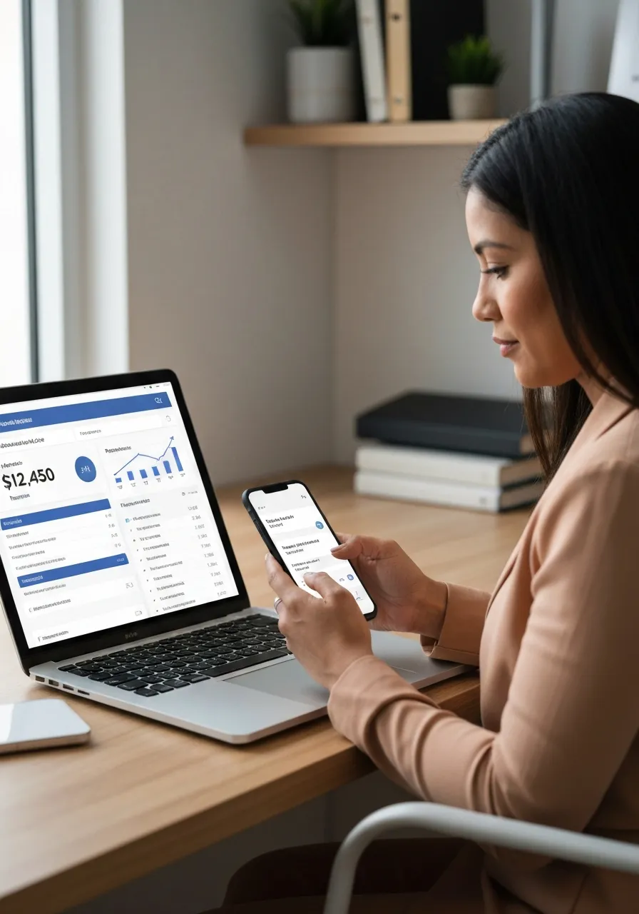 Mujer coach/mentora latina (foto vertical) en home office premium; muestra en la laptop un dashboard de ventas/dinero con ingresos en dólares y gráfica en subida, sin texto “VSL” ni texto promocional.