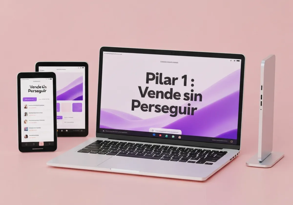 Mockup digital — Pilar 1: Vende Sin Perseguir (bundle laptop/tablet/móvil)