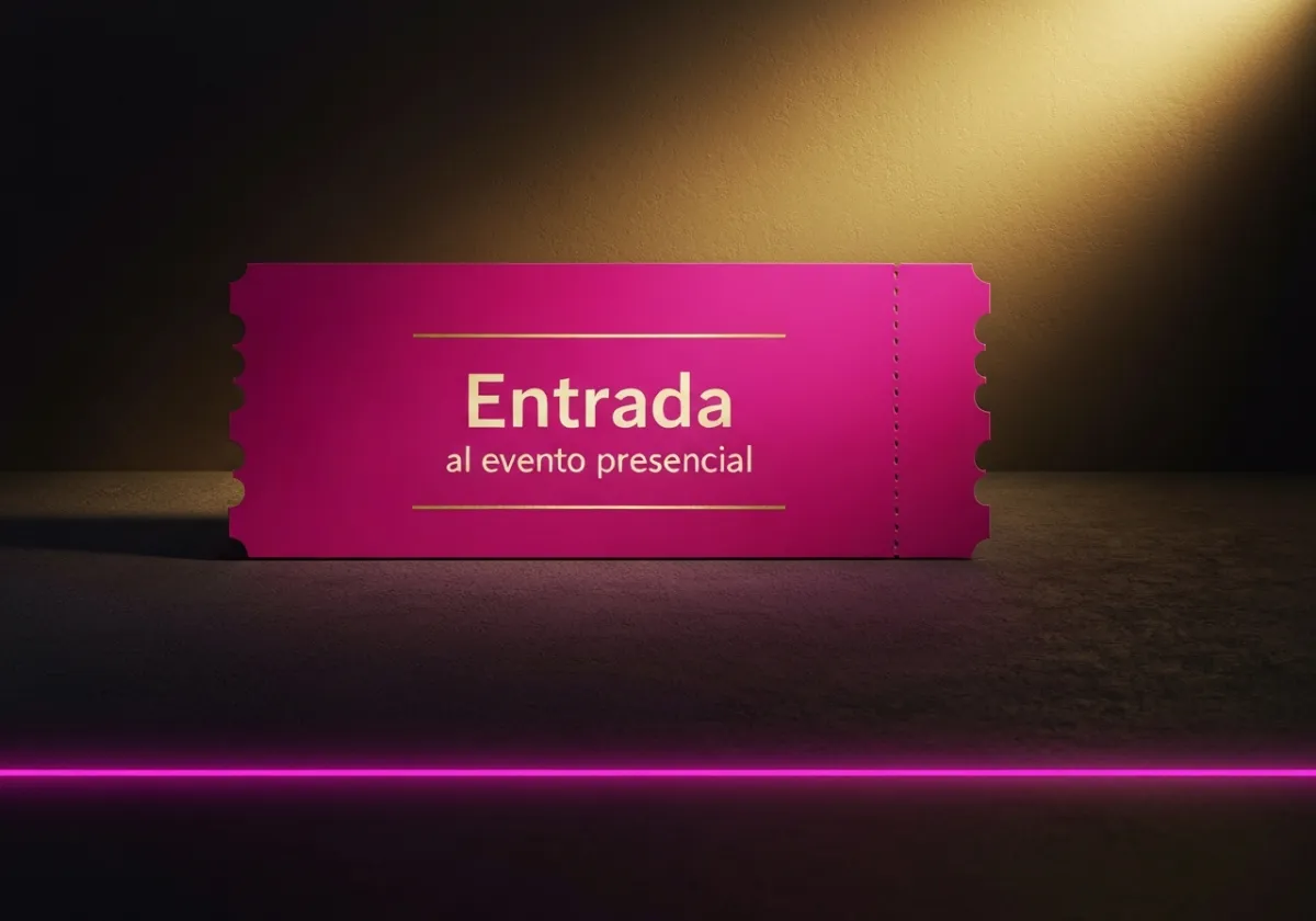 Mockup fucsia de la entrada al evento presencial