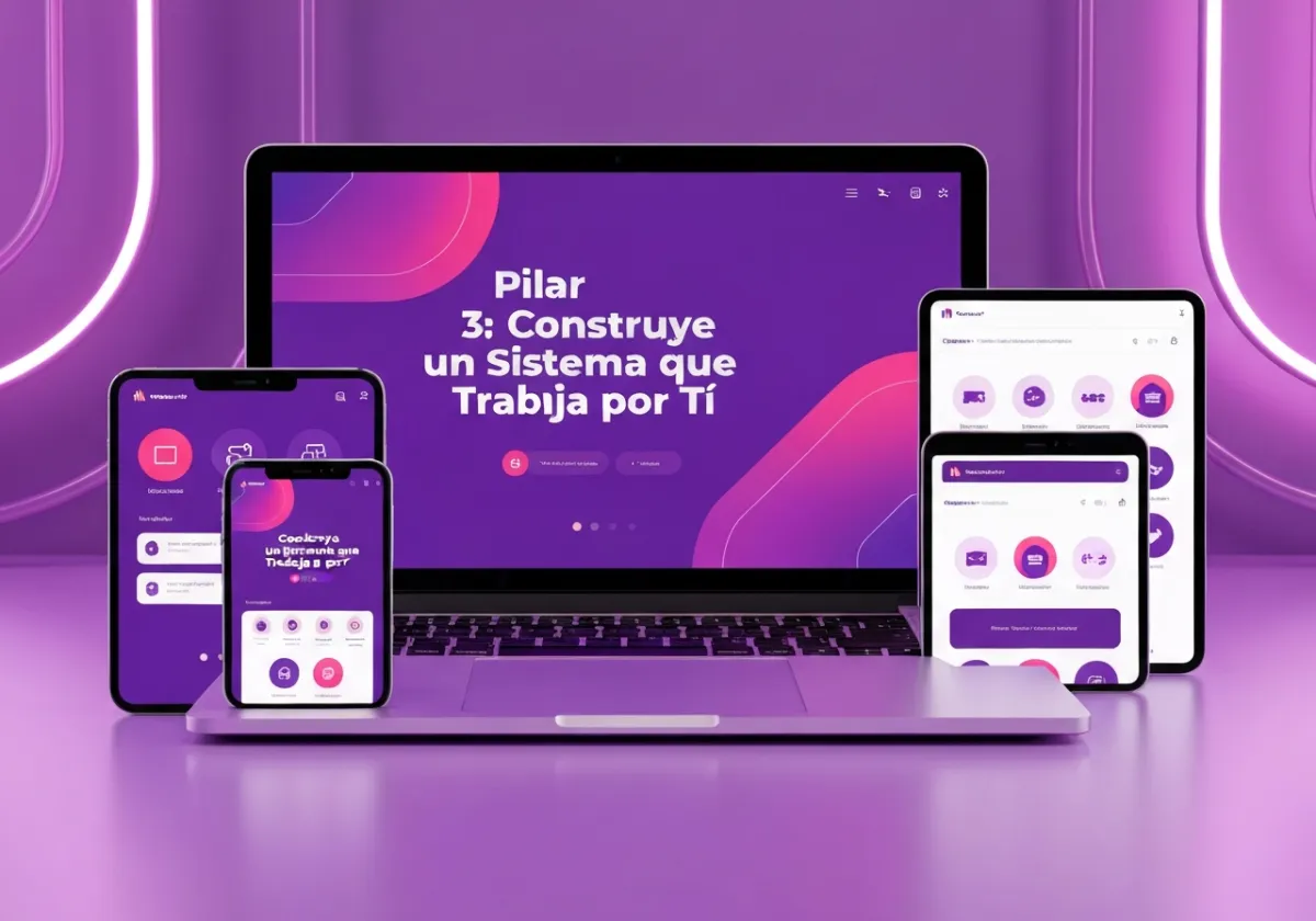 Mockup digital — Pilar 3: Construye un Sistema que Trabaja por Ti (bundle laptop/tablet/móvil)