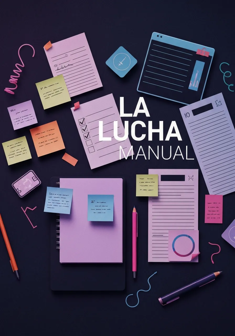 Mockup digital vibrante que ilustra “LA LUCHA MANUAL”: caos de tareas, notificaciones e inbox saturado, estilo oscuro premium de alto contraste.