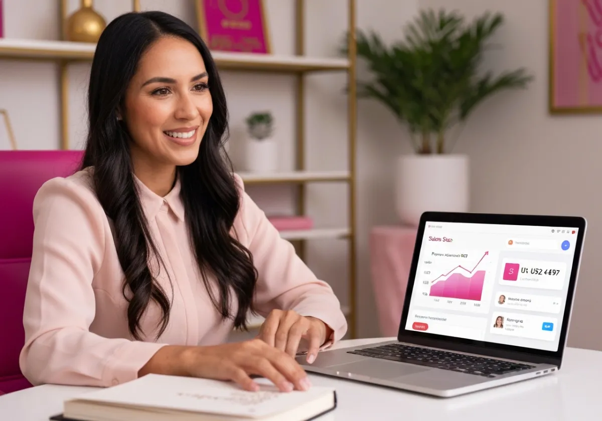 Mentora/coach latina exitosa en oficina en casa mirando un dashboard de ventas con ingresos en dólares y pagos recibidos (sin texto “VSL”)