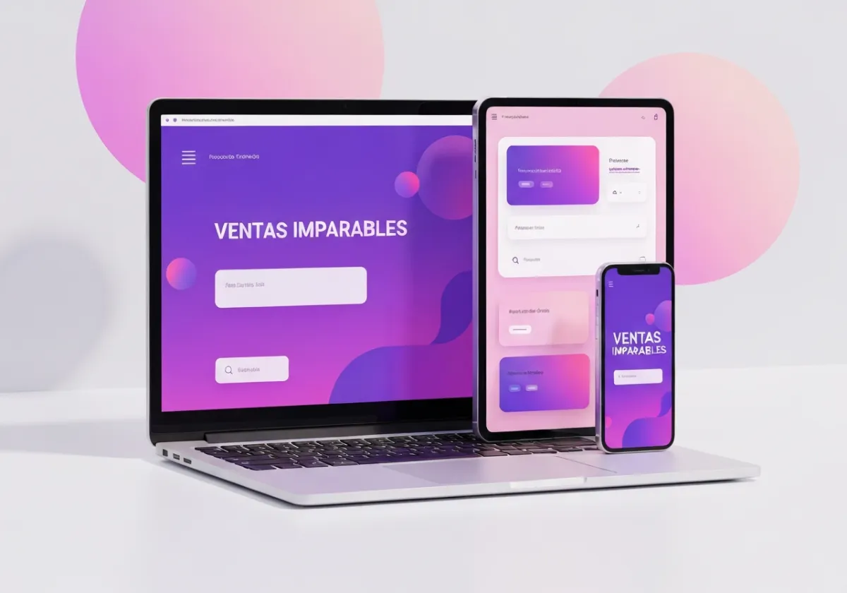 Mockup digital del programa: VENTAS IMPARABLES (bundle laptop/tablet/móvil)