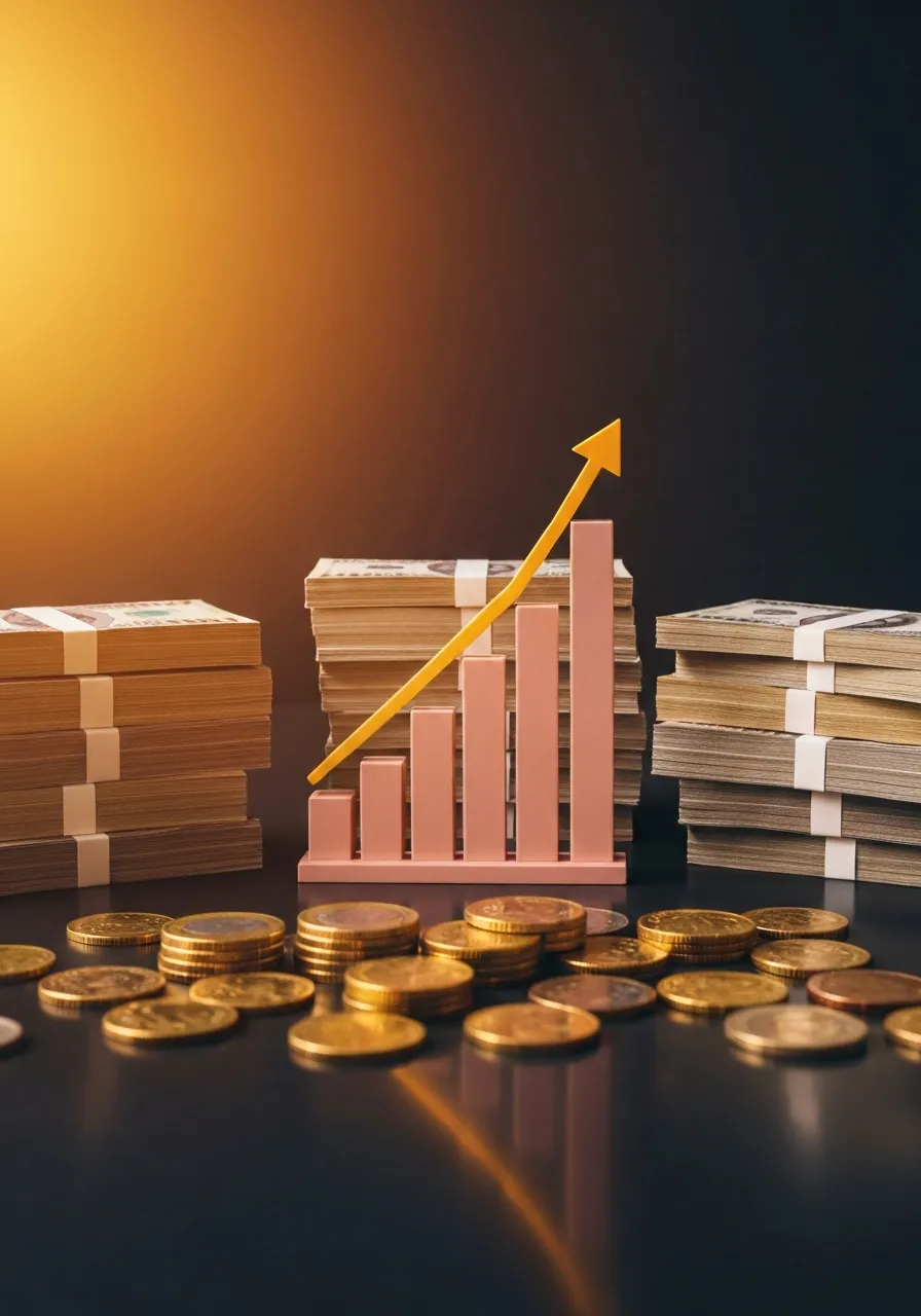 Vibrant visual featuring stacks of cash, gold coins, and an upward financial growth chart illustrating explosive wealth creation and financial success.