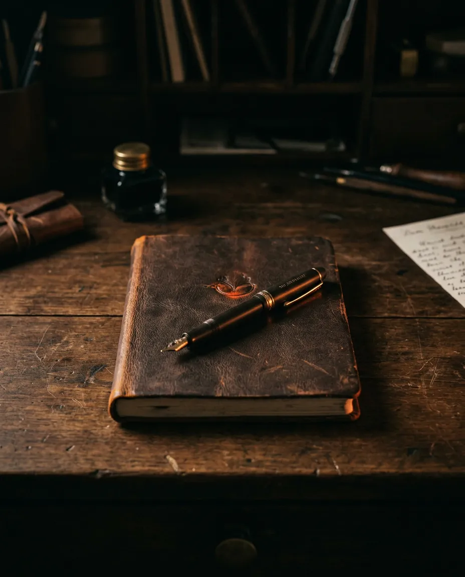 An evocative dimly lit wooden writing desk with a closed vintage notebook, fountain pen, and soft directional light