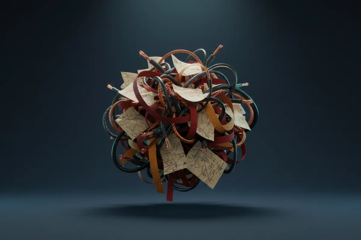 3D abstract tangled web of manual tasks dark mode red accents