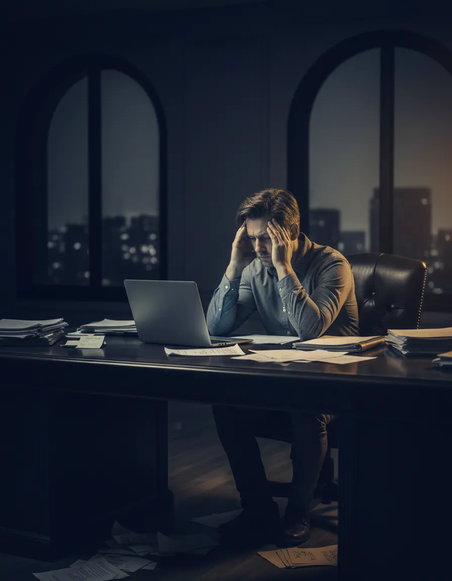 Monochromatic photography of a stressed real estate agent at a laptop late at night
