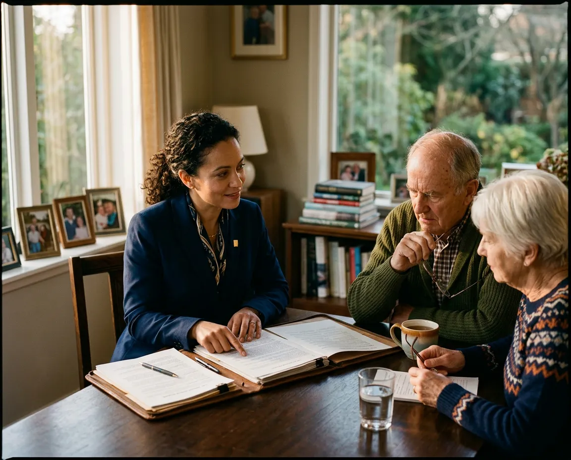 Independent insurance agent reviewing policy documents at a dining table with clients