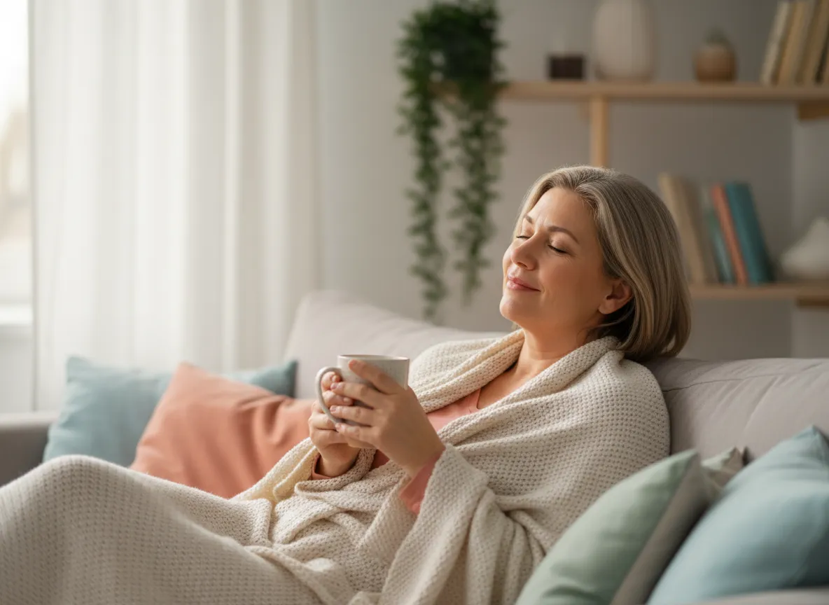 Smiling midlife woman relaxing with a cup of tea