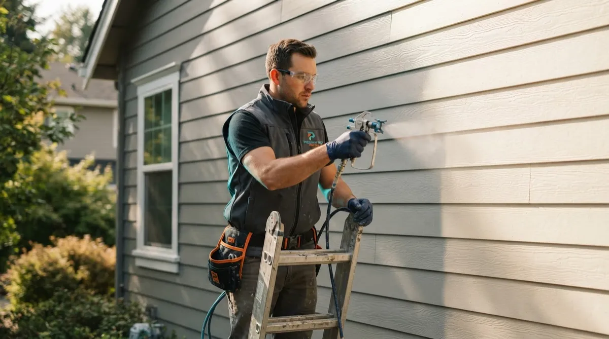 Professional painter working on an exterior wall with paint sprayer