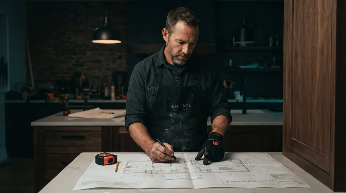 General contractor reviewing kitchen remodeling blueprints and custom cabinetry