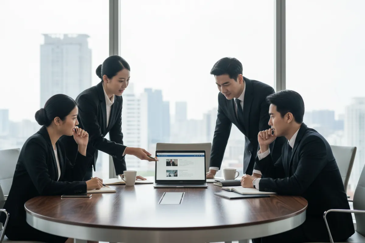 Ein moderner Konferenzraum mit einer kleinen Gruppe von Geschäftsleuten, die an einem Laptop eine Online-Präsentation verfolgen. Die Teilnehmer wirken engagiert und diskutieren aktiv, während im Hintergrund große Fenster Tageslicht hereinlassen. Die Szene vermittelt Professionalität und Zusammenarbeit.