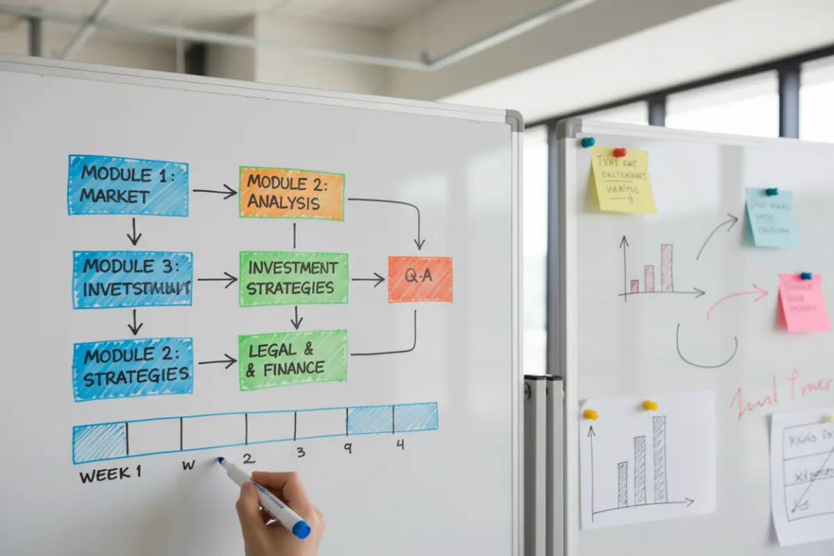 Ein Whiteboard mit farbigen Markierungen, auf dem ein strukturierter Zeitplan für ein Immobilien-Webinar zu sehen ist. Im Vordergrund steht eine Hand, die einen Marker hält, während im Hintergrund Notizen und Diagramme sichtbar sind. Die Szene wirkt organisiert und inspirierend.
