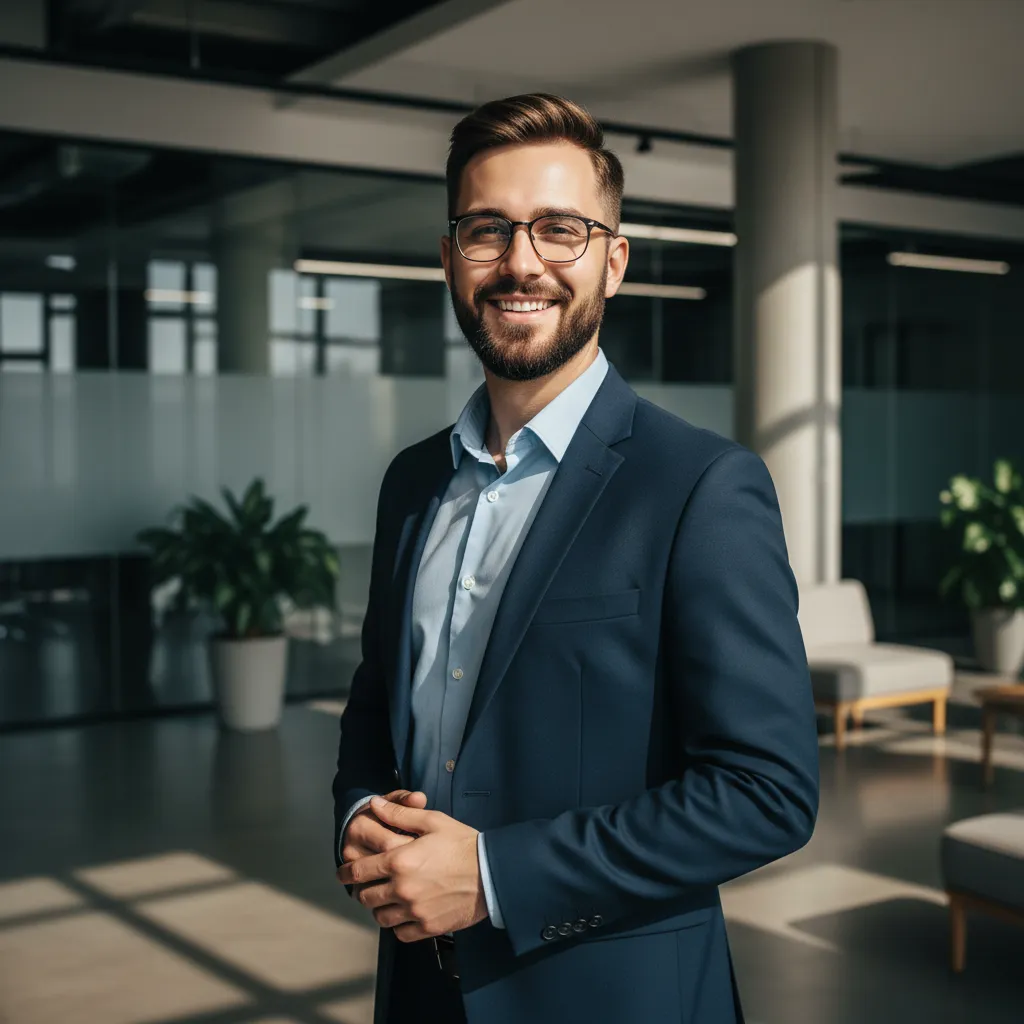 Porträt eines jungen, dynamischen Immobilienexperten mit Bart und Brille, der selbstbewusst vor einer modernen Bürokulisse steht. Er trägt ein helles Hemd und ein Sakko. Die Atmosphäre ist offen und einladend.