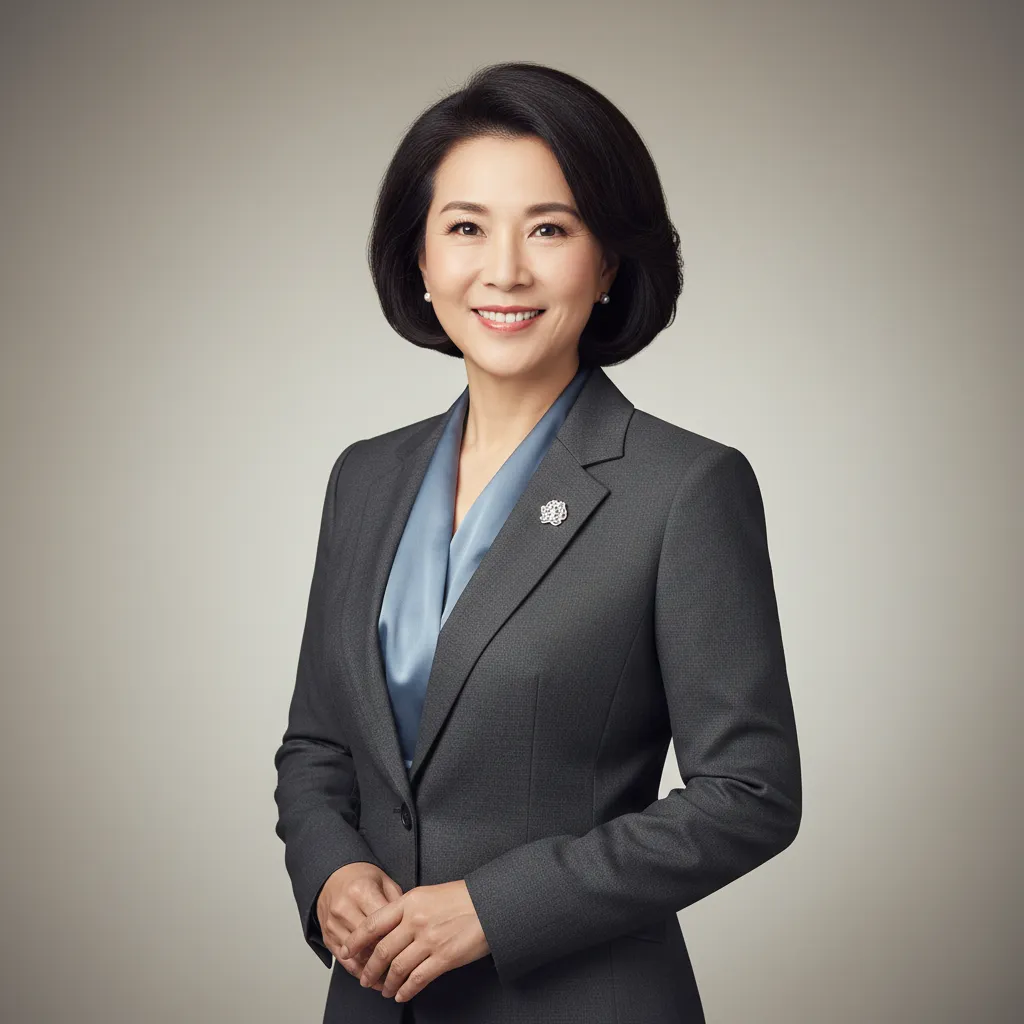 Porträt einer erfahrenen Immobilienmanagerin mittleren Alters mit dunklem Haar, die freundlich in die Kamera lächelt. Sie trägt einen eleganten Hosenanzug und steht vor einem neutralen Hintergrund. Ihr Auftreten vermittelt Kompetenz und Vertrauen.