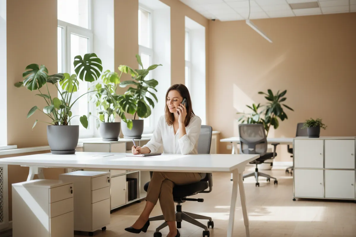 Ein heller Büroraum mit einer freundlichen Mitarbeiterin, die am Telefon sitzt und Notizen macht. Im Hintergrund sind Pflanzen und moderne Büromöbel zu sehen. Die Atmosphäre ist offen und einladend.