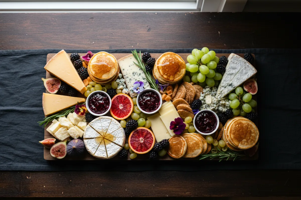 Signature Harvest & Halo grazing board with artisan cheeses, house jam, seasonal fruit, and mini pancakes, top-down photorealistic.