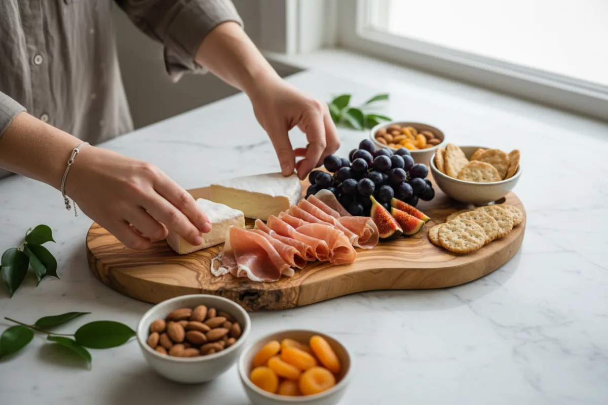 A custom charcuterie board in the process of being assembled, with hands placing different cheeses and fruits. The background is a marble countertop with small bowls of nuts, dried fruit, and crackers, emphasizing the personalized, made-to-order nature of the service.
