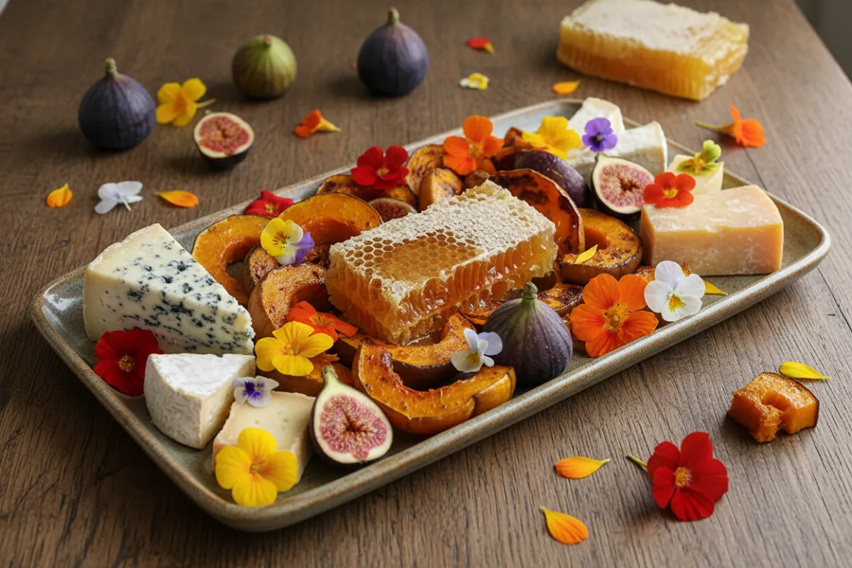 Seasonal charcuterie platter featuring a vibrant mix of seasonal ingredients on a rustic wooden table