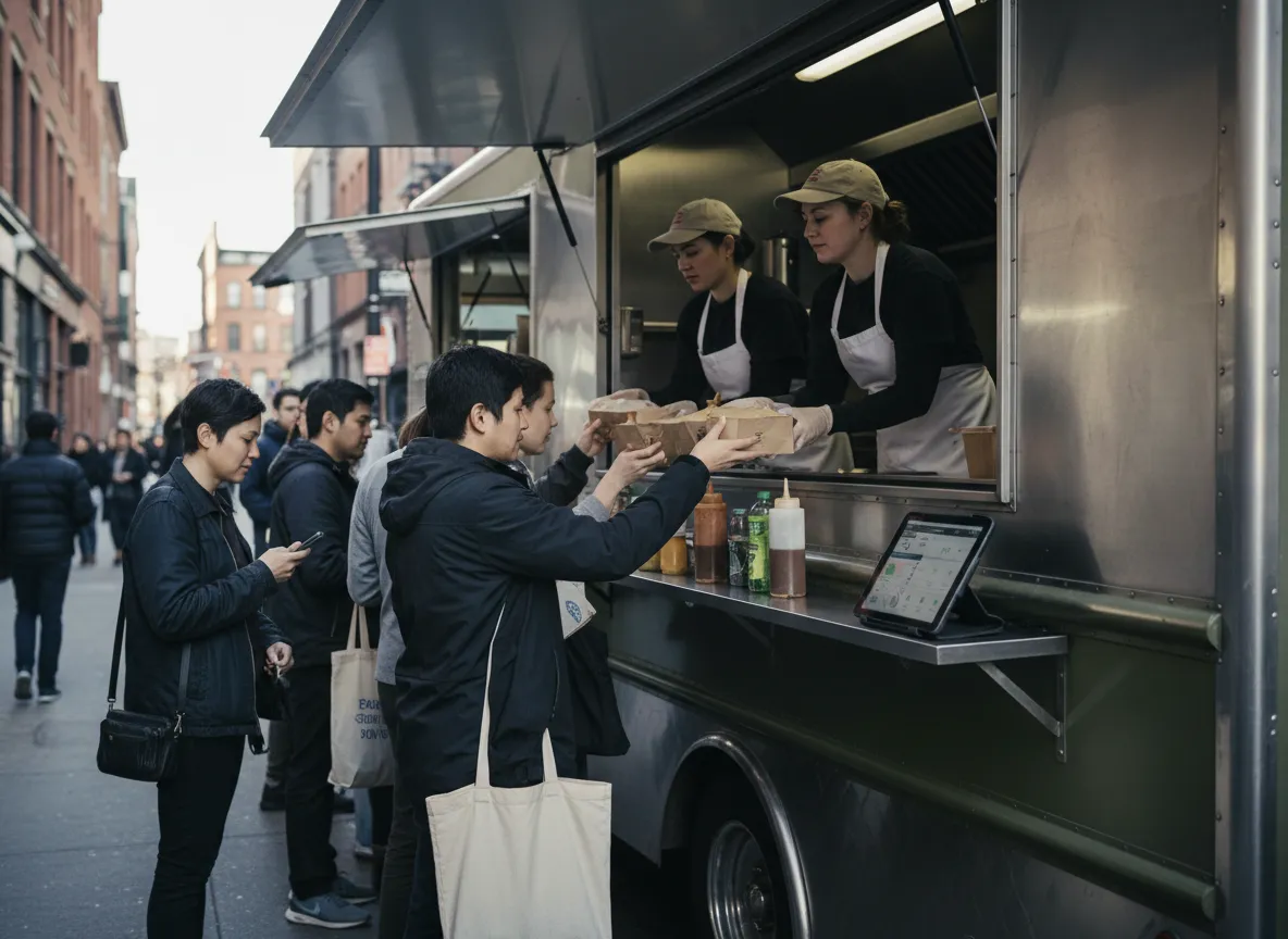Busy food truck serving a line of customers