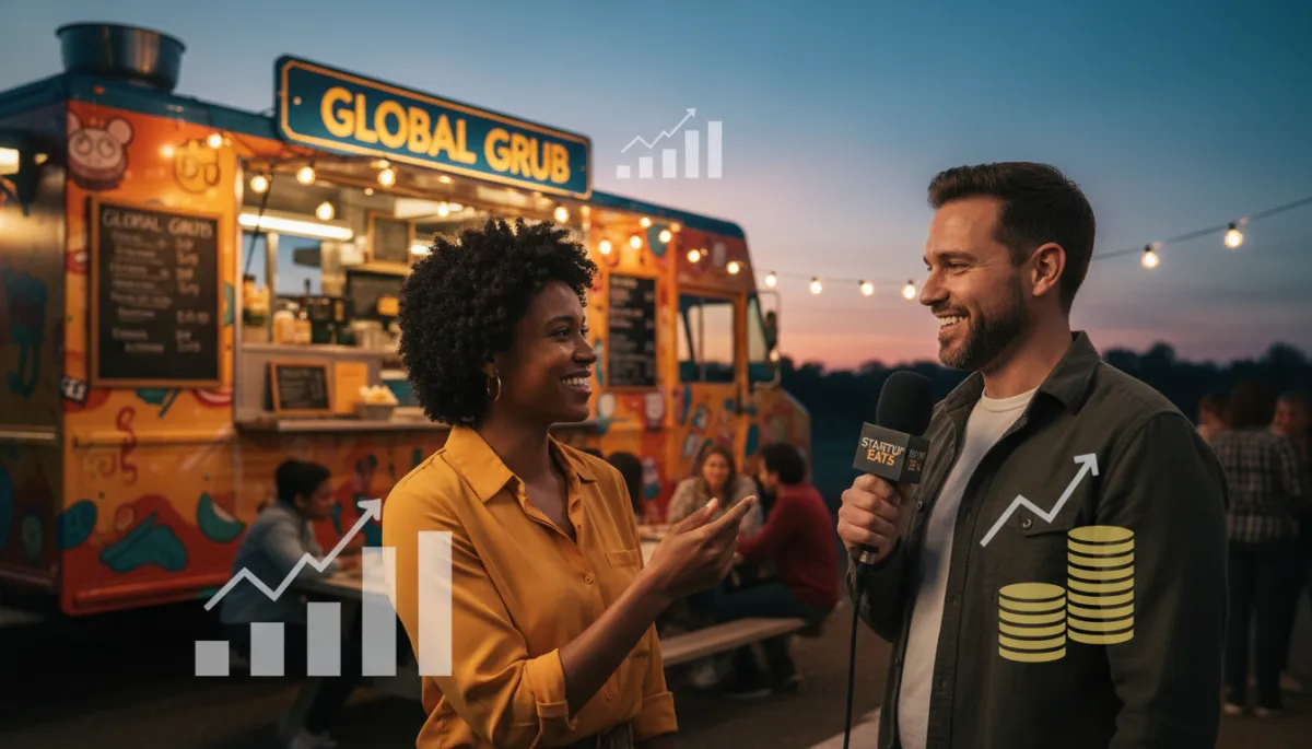 Host interviewing a mobile food vendor at their food truck