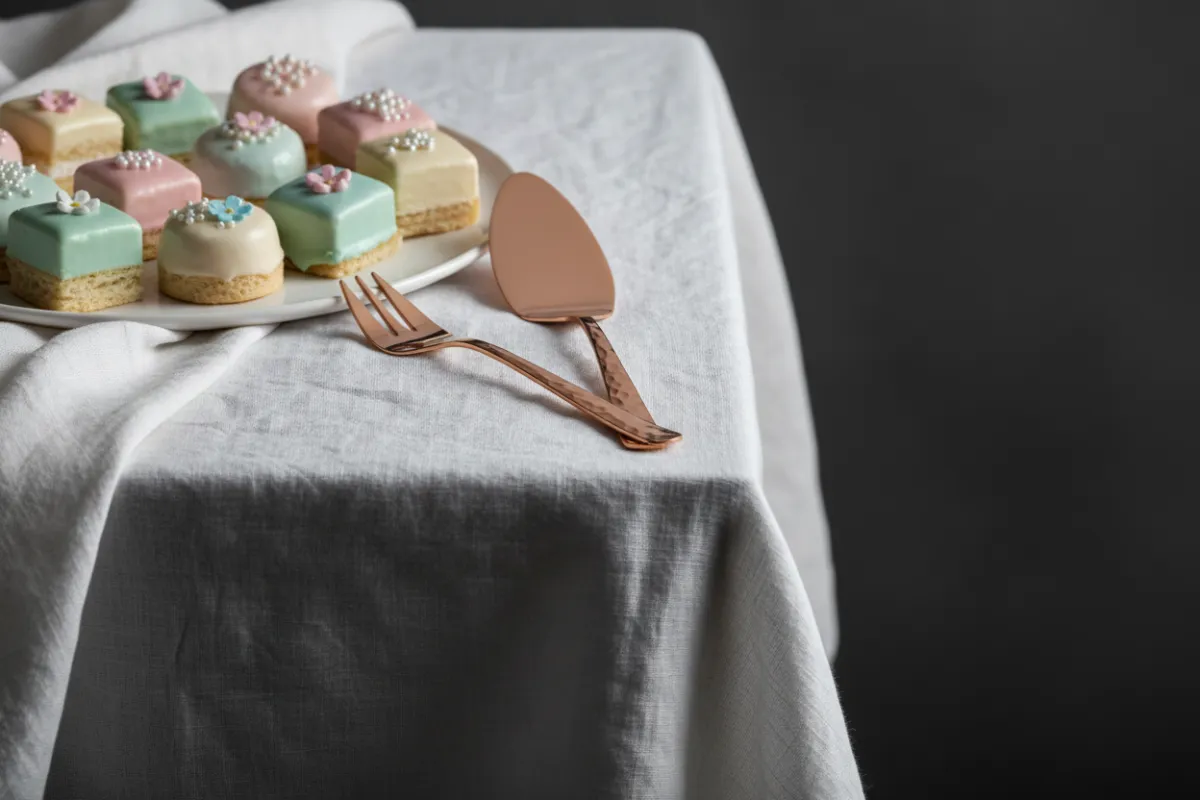 Decorative right-aligned image: close-up of rose-gold serving utensils and pastel petit fours on a linen-draped table, soft studio lighting, elegant still-life composition emphasizing texture and color.