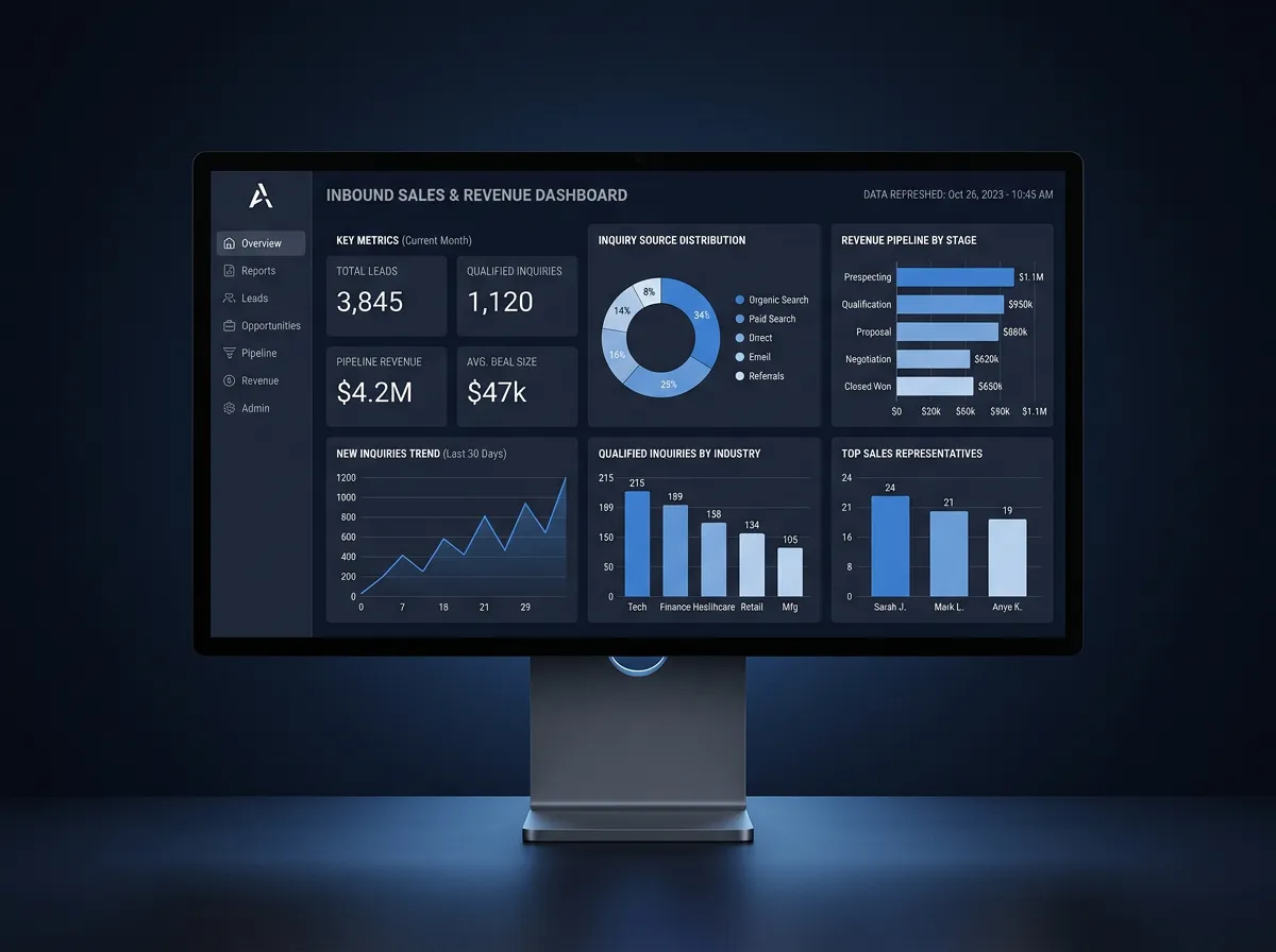 Dashboard showing inbound qualified service inquiries and revenue pipeline
