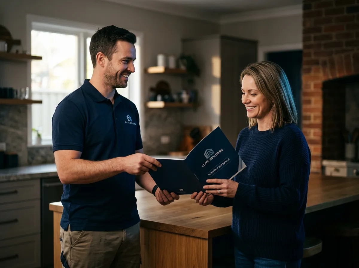 Professional contractor presenting high-value project estimate to satisfied homeowner