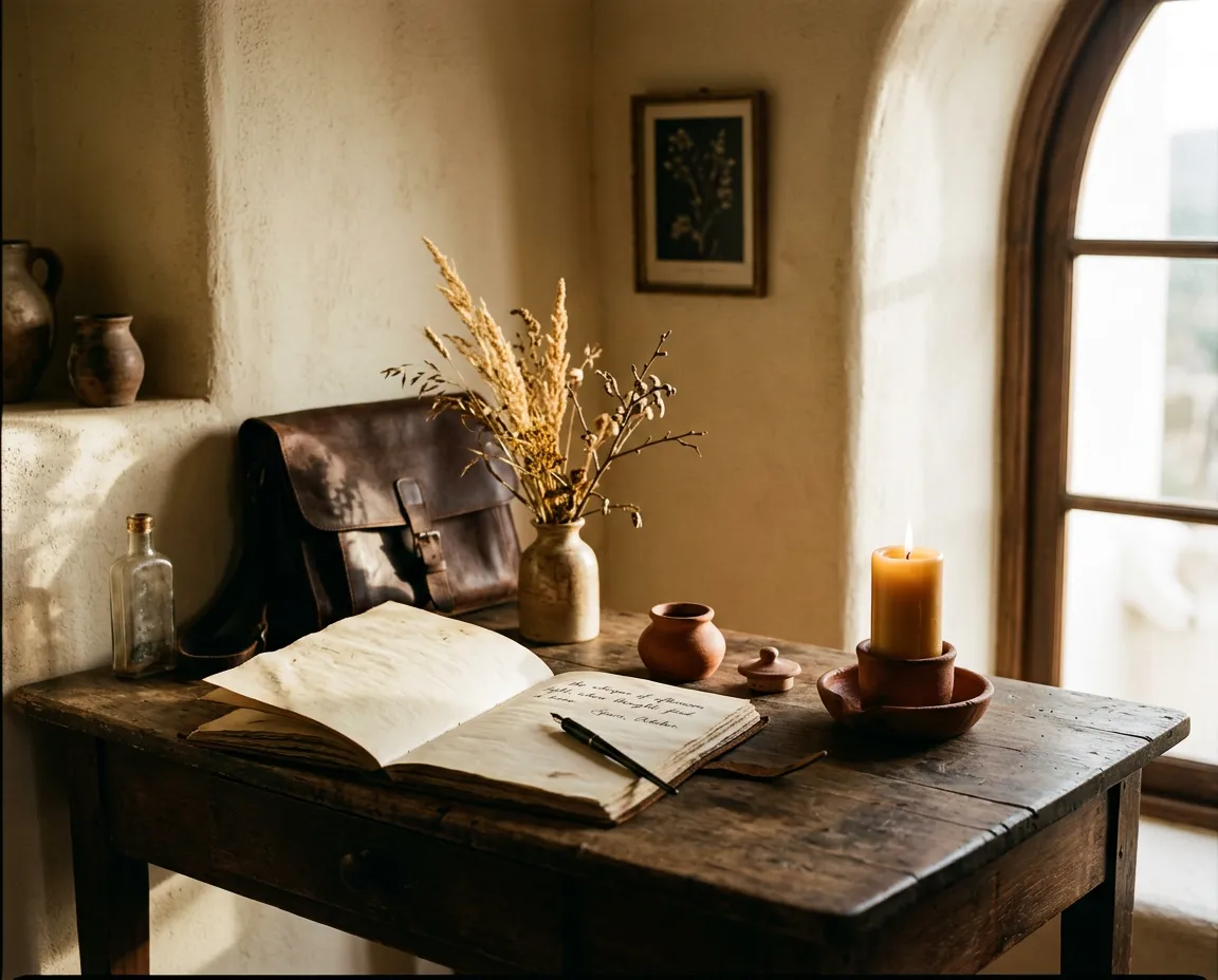 Sunlit and candlelit study space with parchment and open scriptures in a warm adobe room