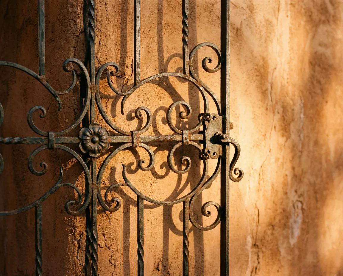 Spanish colonial architectural courtyard with hand-forged wrought iron gate details and terracotta tile