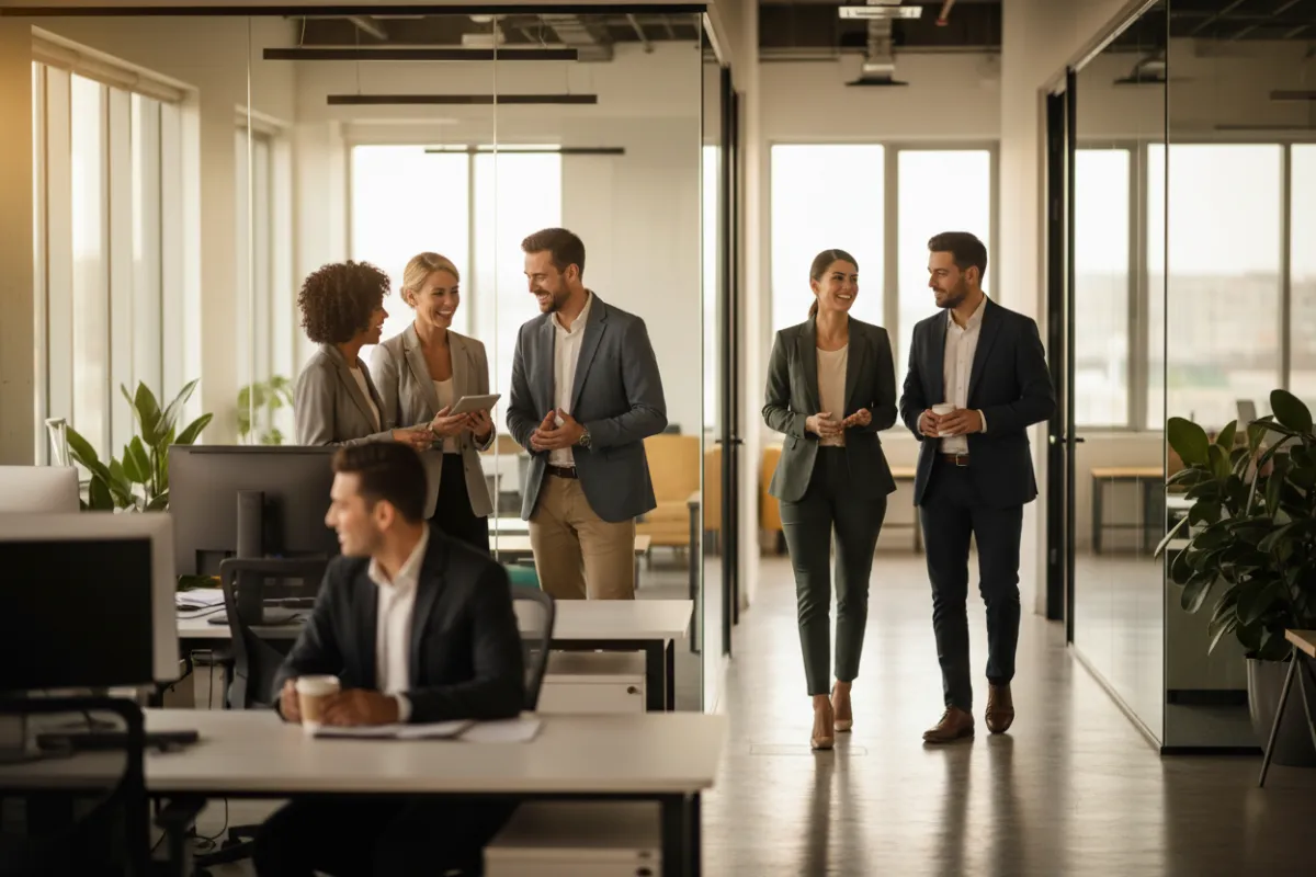Business professionals (women and men) collaborating in a real office setting