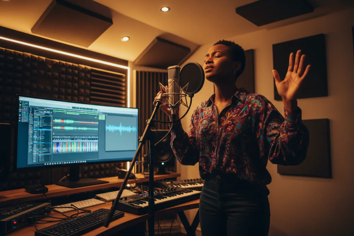 A young Black gospel singer passionately recording vocals in a modern studio, surrounded by warm lighting and musical equipment, with expressive hand gestures and a microphone in focus. The background features subtle hints of soundproofing panels and a digital audio workstation, capturing the creative energy of music production.