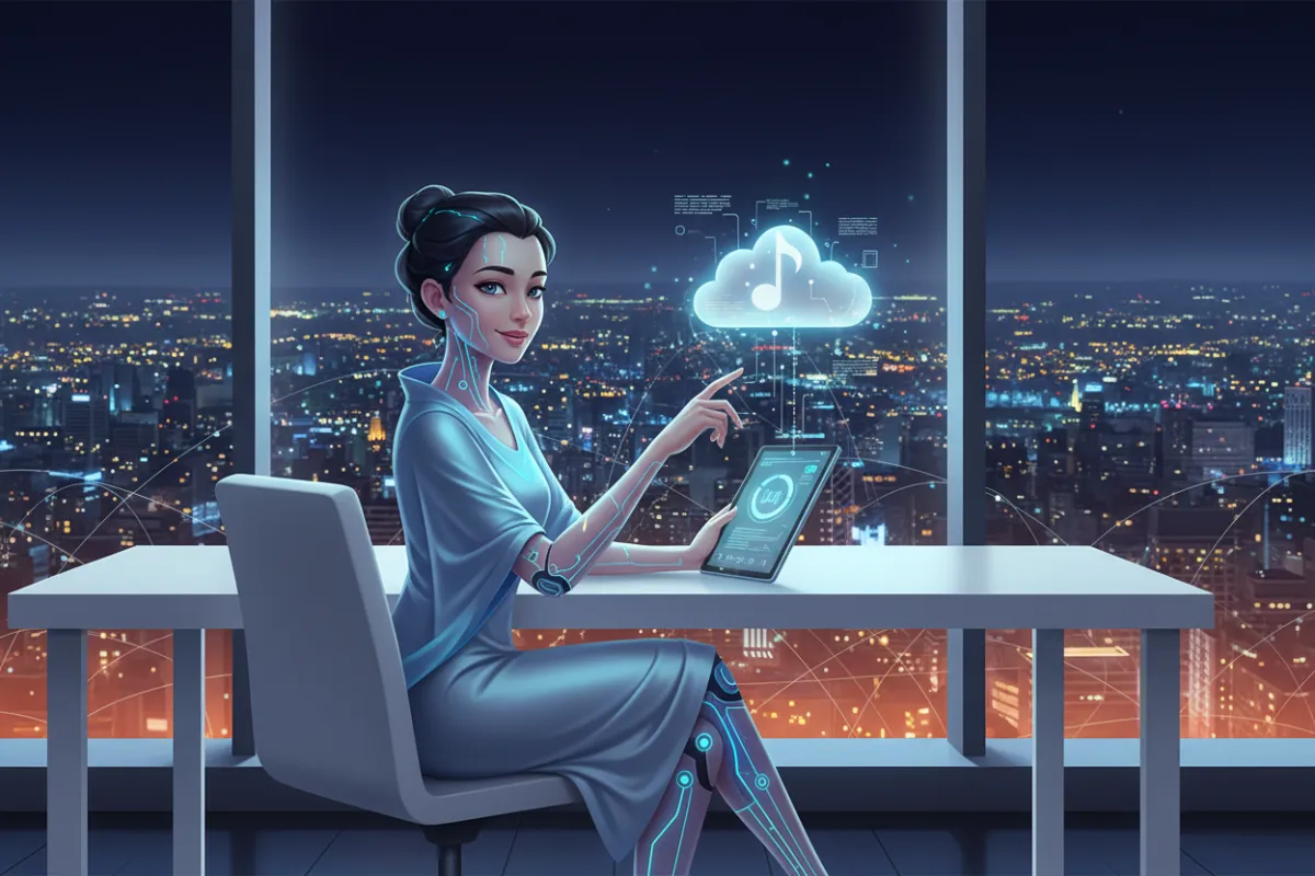 A young AI musician, represented as a digital avatar, sits at a minimalist desk uploading a music file from a tablet. The background features a window with city lights and subtle orange-red reflections, symbolizing global reach. The scene is modern, optimistic, and focused on creative sharing.