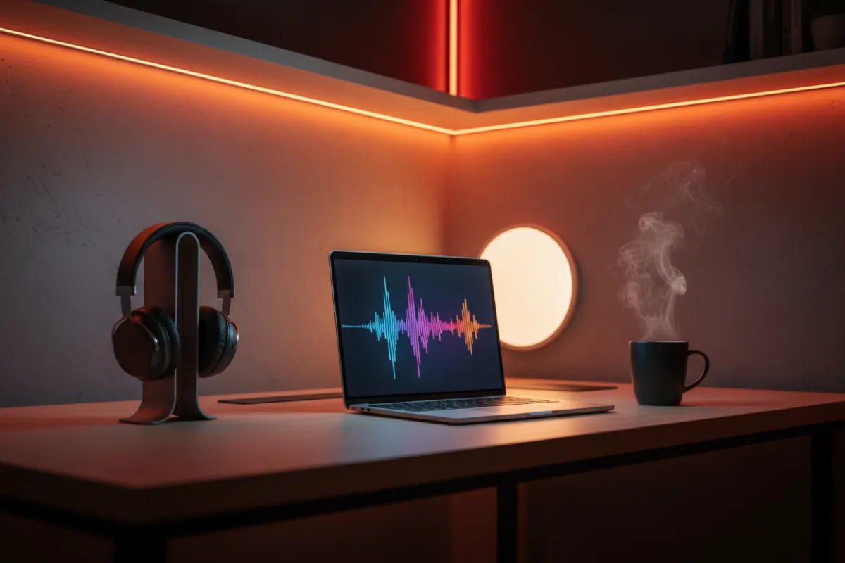 A modern workspace with a sleek laptop displaying a vibrant audio waveform, surrounded by wireless headphones and a steaming mug. The room is softly lit with orange and red accents, evoking a creative, late-night listening session. The scene feels inviting and tech-forward, perfect for streaming AI music.