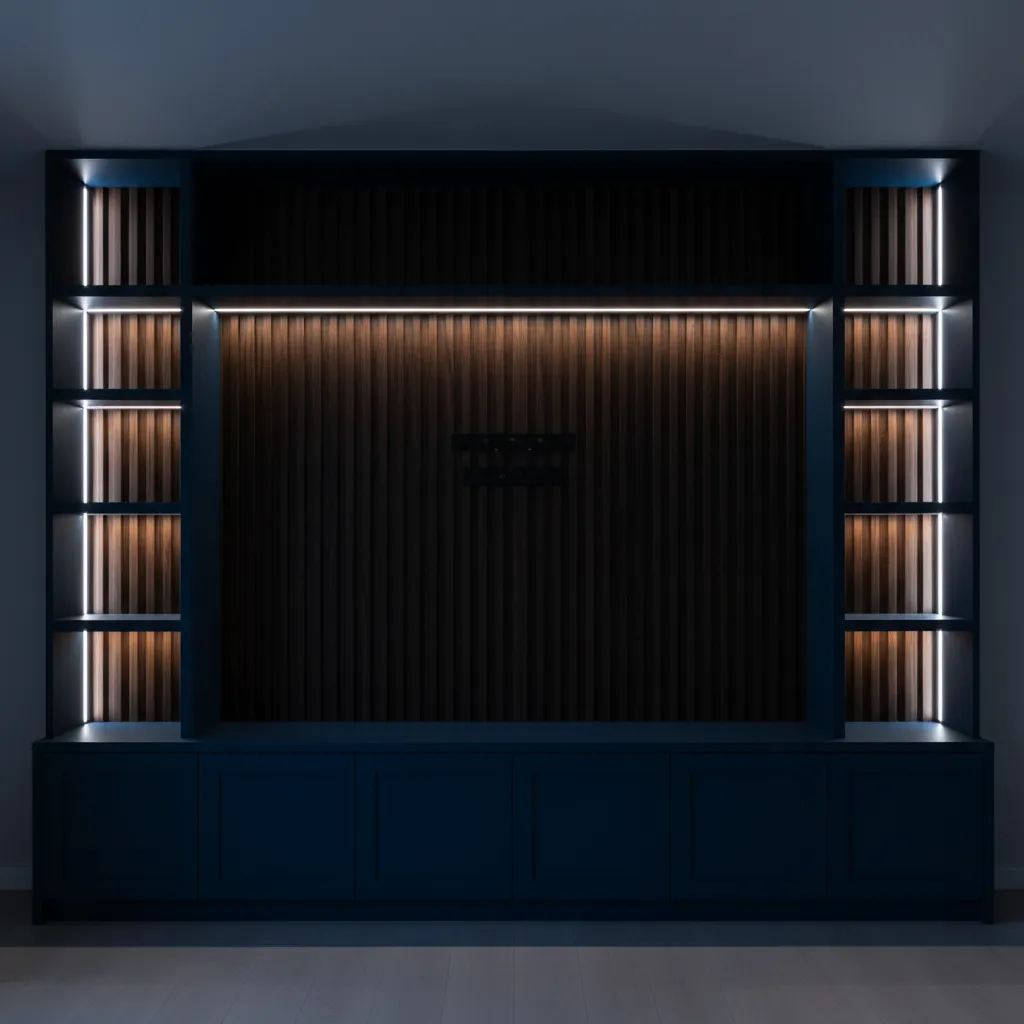 High resolution architectural photography of a bespoke media wall with integrated lighting and built in shelving.