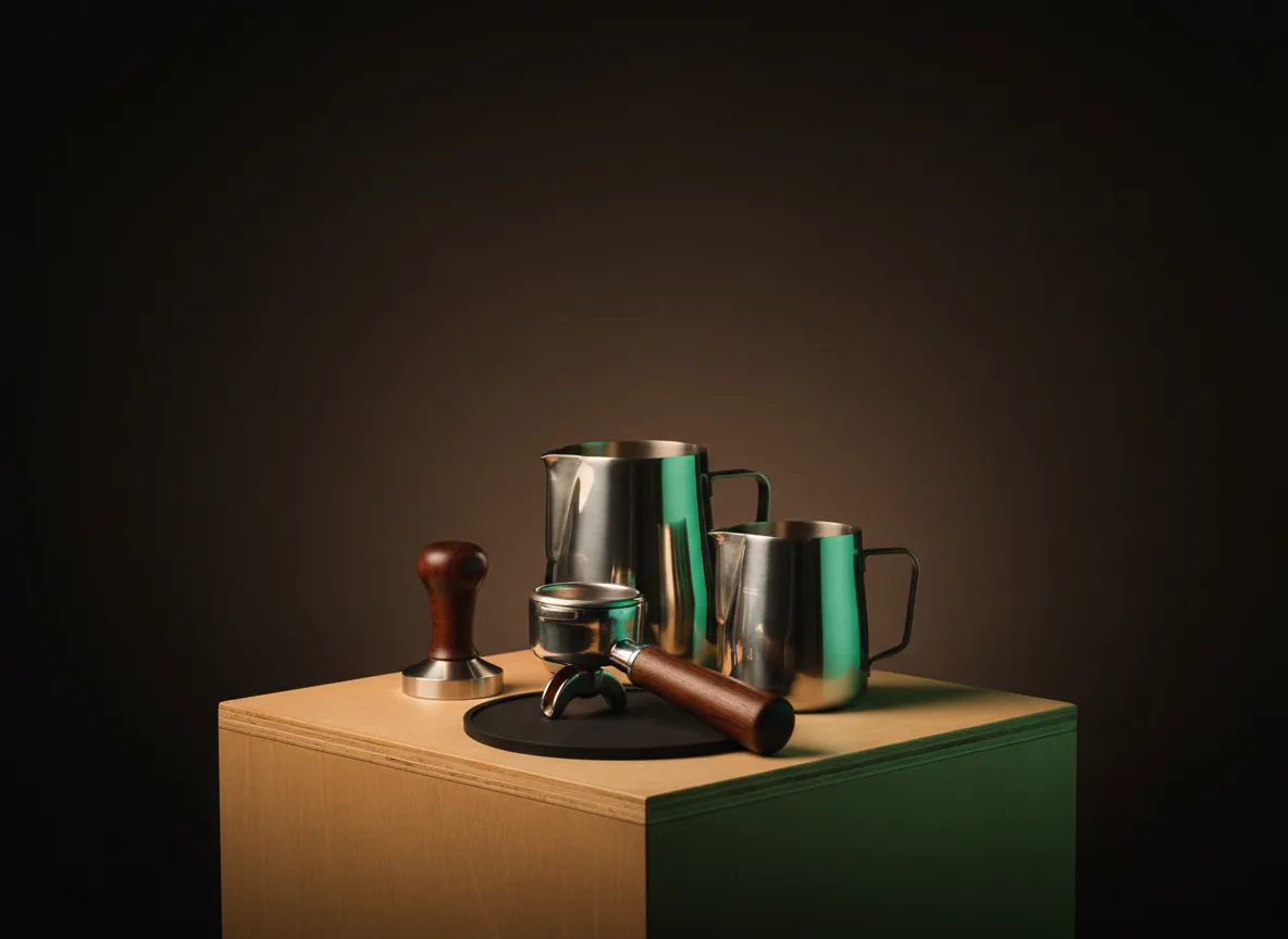 Professional barista tools, tampers and milk jugs